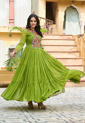 Navratri Special Georgette Tiered Gown in Light Green