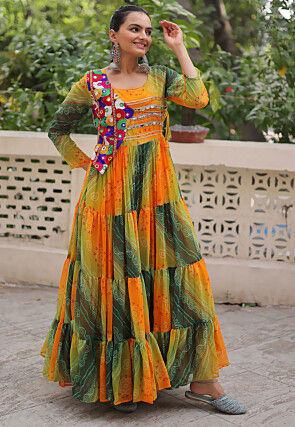 Navratri Special Georgette Tiered Gown in Orange and Green