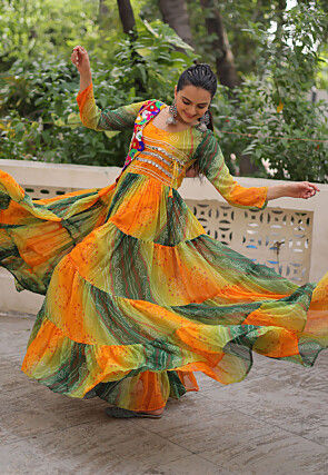 Navratri Special Georgette Tiered Gown in Orange and Green