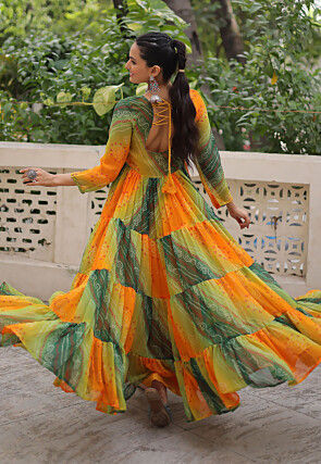 Navratri Special Georgette Tiered Gown in Orange and Green