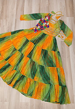 Navratri Special Georgette Tiered Gown in Orange and Green