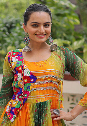 Navratri Special Georgette Tiered Gown in Orange and Green