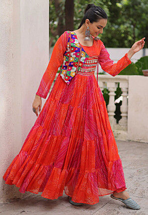 Navratri Special Georgette Tiered Gown in Orange and Pink