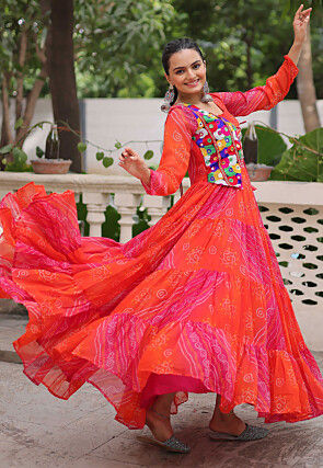 Navratri Special Georgette Tiered Gown in Orange and Pink