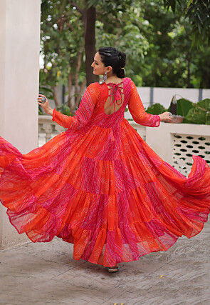 Navratri Special Georgette Tiered Gown in Orange and Pink