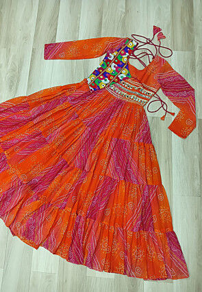 Navratri Special Georgette Tiered Gown in Orange and Pink