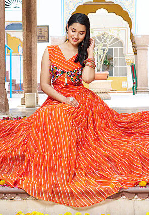 Navratri Special Georgette Tiered Gown in Orange