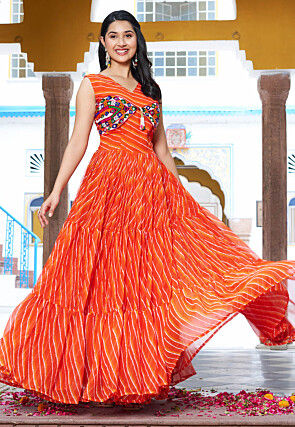 Navratri Special Georgette Tiered Gown in Orange