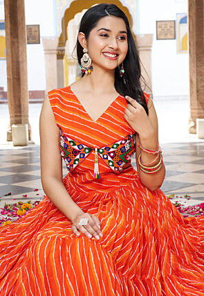 Navratri Special Georgette Tiered Gown in Orange