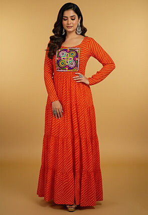 Navratri Special Georgette Tiered Gown in Orange