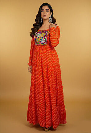 Navratri Special Georgette Tiered Gown in Orange