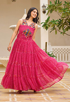 Navratri Special Georgette Tiered Gown in Pink