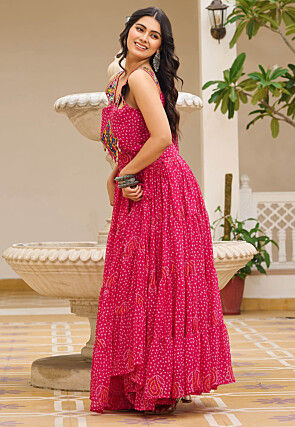 Navratri Special Georgette Tiered Gown in Pink