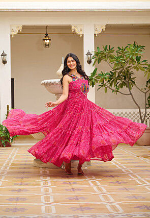 Navratri Special Georgette Tiered Gown in Pink