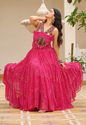 Navratri Special Georgette Tiered Gown in Pink