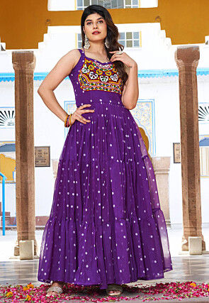 Navratri Special Georgette Tiered Gown in Purple
