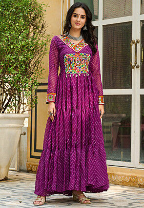 Navratri Special Georgette Tiered Gown in Purple