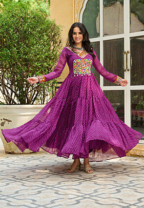 Navratri Special Georgette Tiered Gown in Purple