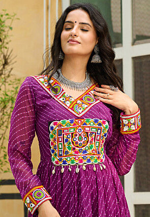 Navratri Special Georgette Tiered Gown in Purple