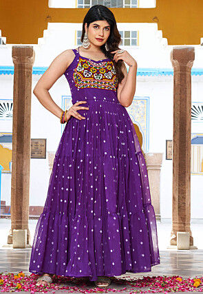 Navratri Special Georgette Tiered Gown in Purple