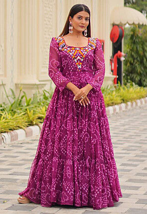 Navratri Special Georgette Tiered Gown in Purple
