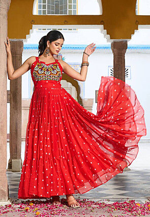 Navratri Special Georgette Tiered Gown in Red