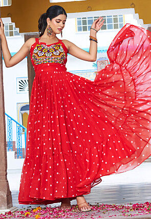 Navratri Special Georgette Tiered Gown in Red