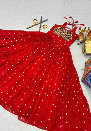 Navratri Special Georgette Tiered Gown in Red