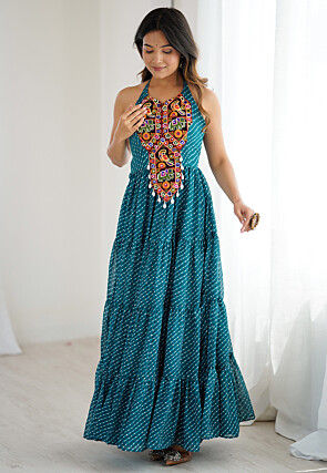 Navratri Special Georgette Tiered Gown in Teal Blue
