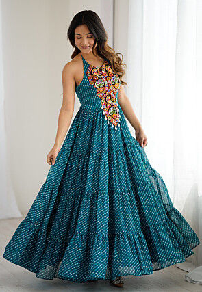 Navratri Special Georgette Tiered Gown in Teal Blue