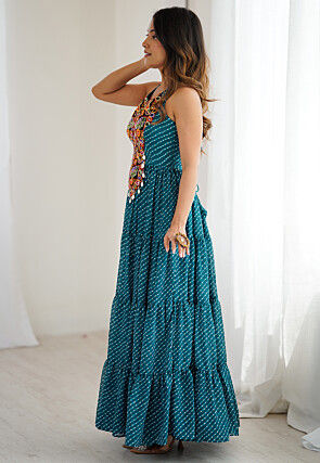 Navratri Special Georgette Tiered Gown in Teal Blue