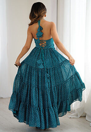 Navratri Special Georgette Tiered Gown in Teal Blue