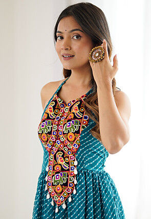 Navratri Special Georgette Tiered Gown in Teal Blue