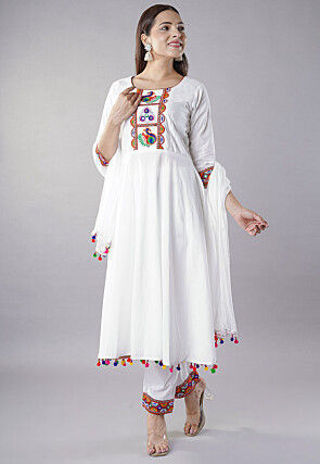 Navratri Special Rayon Anarkali Suit in White