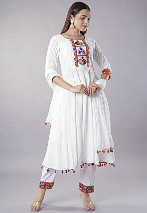 Navratri Special Rayon Anarkali Suit in White