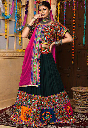 Navratri Special Rayon Embroidered Lehenga in Dark Green