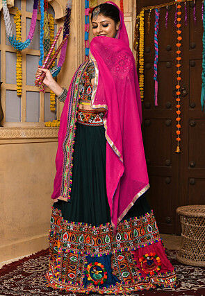 Navratri Special Rayon Embroidered Lehenga in Dark Green