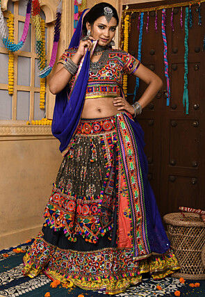 Navratri Special Rayon Embroidered Lehenga in Peach and Blue