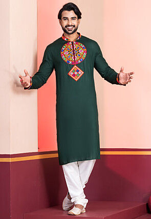 Navratri Special Rayon Kurta Set in Dark Green