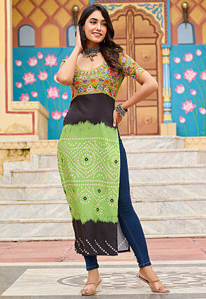 Navratri Special Rayon Straight Kurta in Light Green and Black