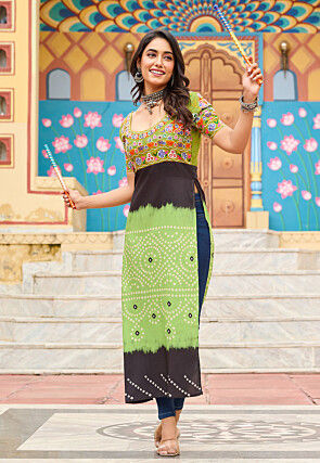 Navratri Special Rayon Straight Kurta in Light Green and Black