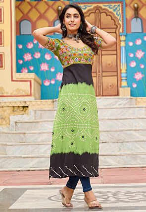 Navratri Special Rayon Straight Kurta in Light Green and Black