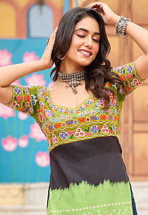 Navratri Special Rayon Straight Kurta in Light Green and Black