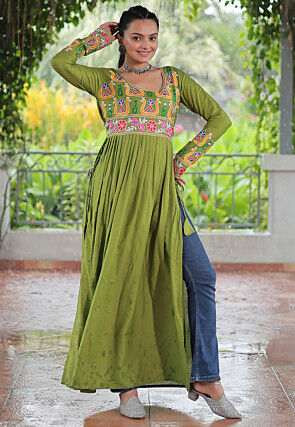 Navratri Special Rayon Straight Kurta in Light Green