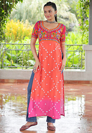 Navratri Special Rayon Straight Kurta in Orange and Pink