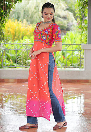 Navratri Special Rayon Straight Kurta in Orange and Pink