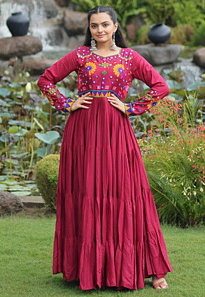 Navratri Special Rayon Tiered Gown in Maroon
