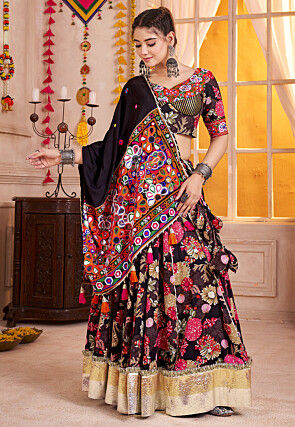 Navratri Special Viscose Cotton Lehenga in Black