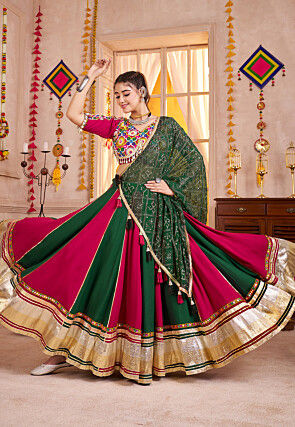 Navratri Special Viscose Cotton Lehenga in Dark Green and Fuchsia