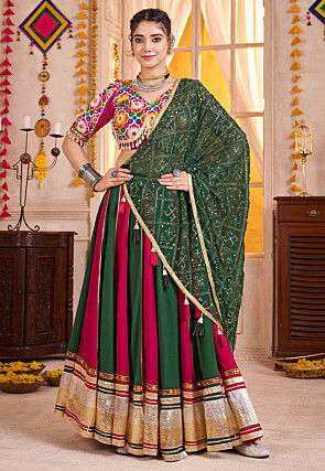 Navratri Special Viscose Cotton Lehenga in Dark Green and Fuchsia